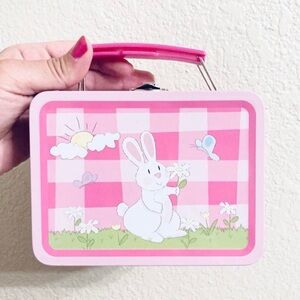 Adorable Vintage Tin Storage Container with handle pink cartoon bunny